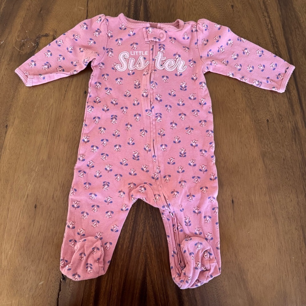 Carter’s Little Sister Pink Floral Baby Girl Footed One Piece Size 9M.